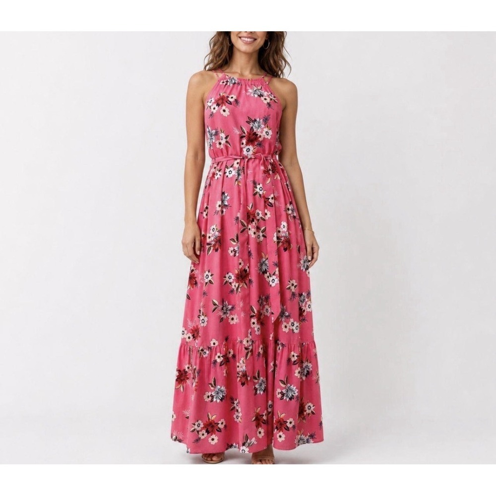 LOFT Pink Floral Halter Maxi Dress Womens Medium Tiered Ruffle Hem Sleeveless